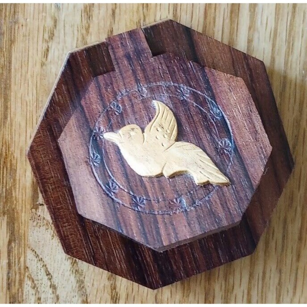 Vintage Wood Compact Mirror Bird Octagon Wooden